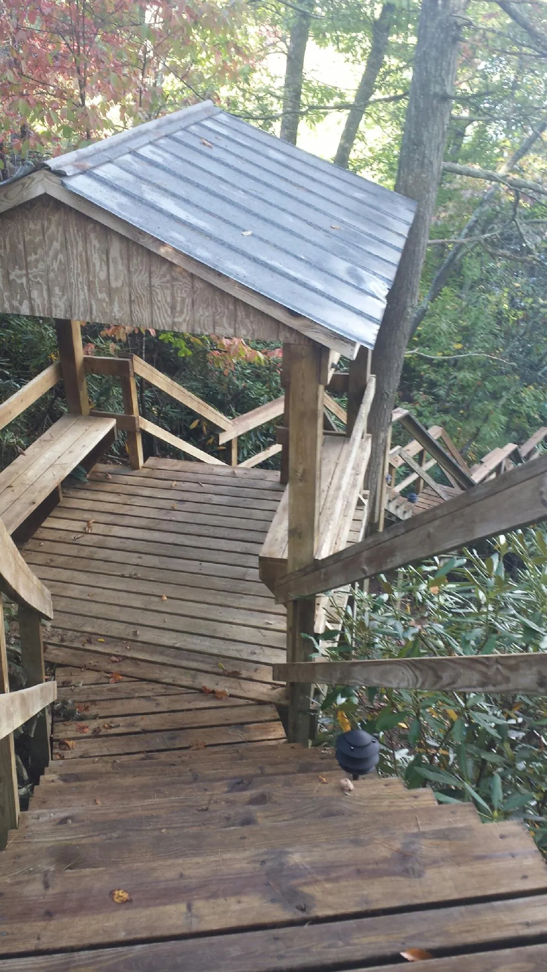 Metal roofed shelter over wooden steps on a wooded walkway — Skylight Repair & Installation work by our crew in Andale